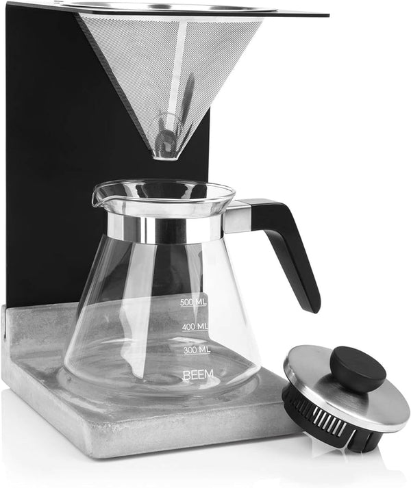 Set cafetieră BEEM Pour Over - 4 cești | Filtru permanent din oțel inoxidabil (mărimea 2), carafă din sticlă de 0,5 l, bază din beton | Preparare manuală a cafelei pentru o aromă deosebit de delicată de cafea
