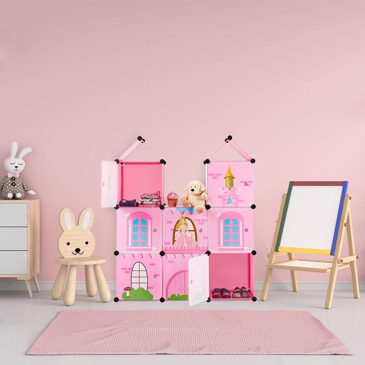 Relaxdays Raft pentru camera copiilor, castelul prințesei, plastic, dulap DIY cu uși, HBT: 128 X 110 X 37 Cm, roz