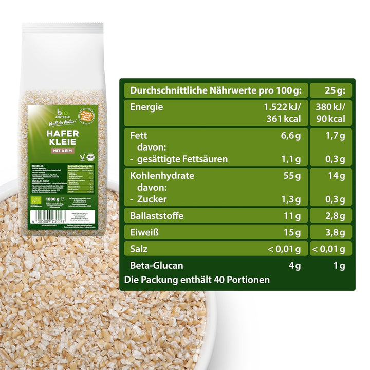 Biozentrale Bio Haferkleie 1Kg | Vorteilspack | Ballaststoffreiche Proteinquelle | Von Natur Aus Vegan | Aus EU Landwirtschaft | Zuckerarm