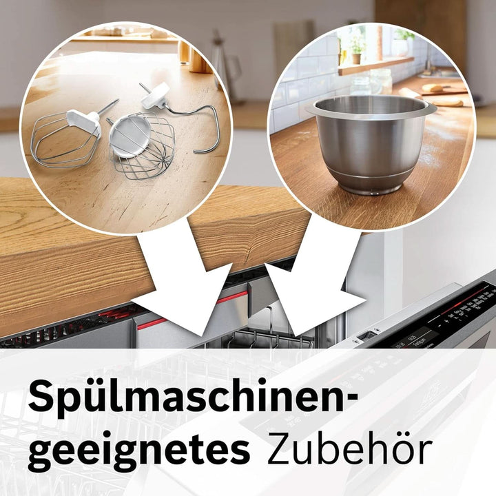 Bosch Küchenmaschine Serie 4 Mum58720,Edelstahl-Schüssel 3,9 L, Mixer 1,25 L, Planetenrührwerk,Knethaken,Schlag,Rührbesen, Durchlaufschnitzler, 3 Scheiben, 1000 W, Dunkelrot/Silber