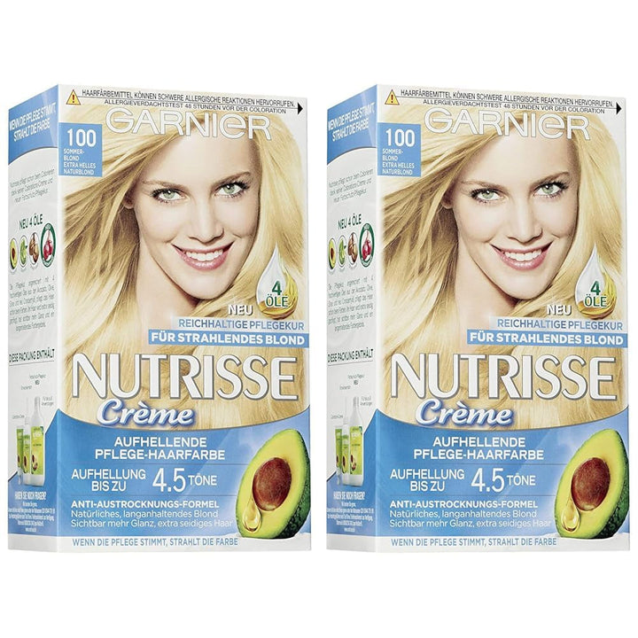 Garnier Nutrisse Creme No. 100 Extra Light Natural Blonde, vopsea de păr cu îngrijire de lungă durată, cu uleiuri de fructe hrănitoare, acoperire 100% gri (pachet de 2) Vopsea pentru par Naty Shop Titlu implicit