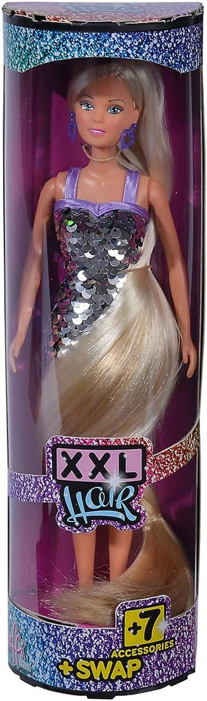 Simba 105733525 - Steffi Love XXL Hair, păpușă în rochie cu paiete cu efect de curcubeu și păr super lung, incl. agrafe de păr și pieptene, 29 cm, pentru copii de la 3 ani, violet