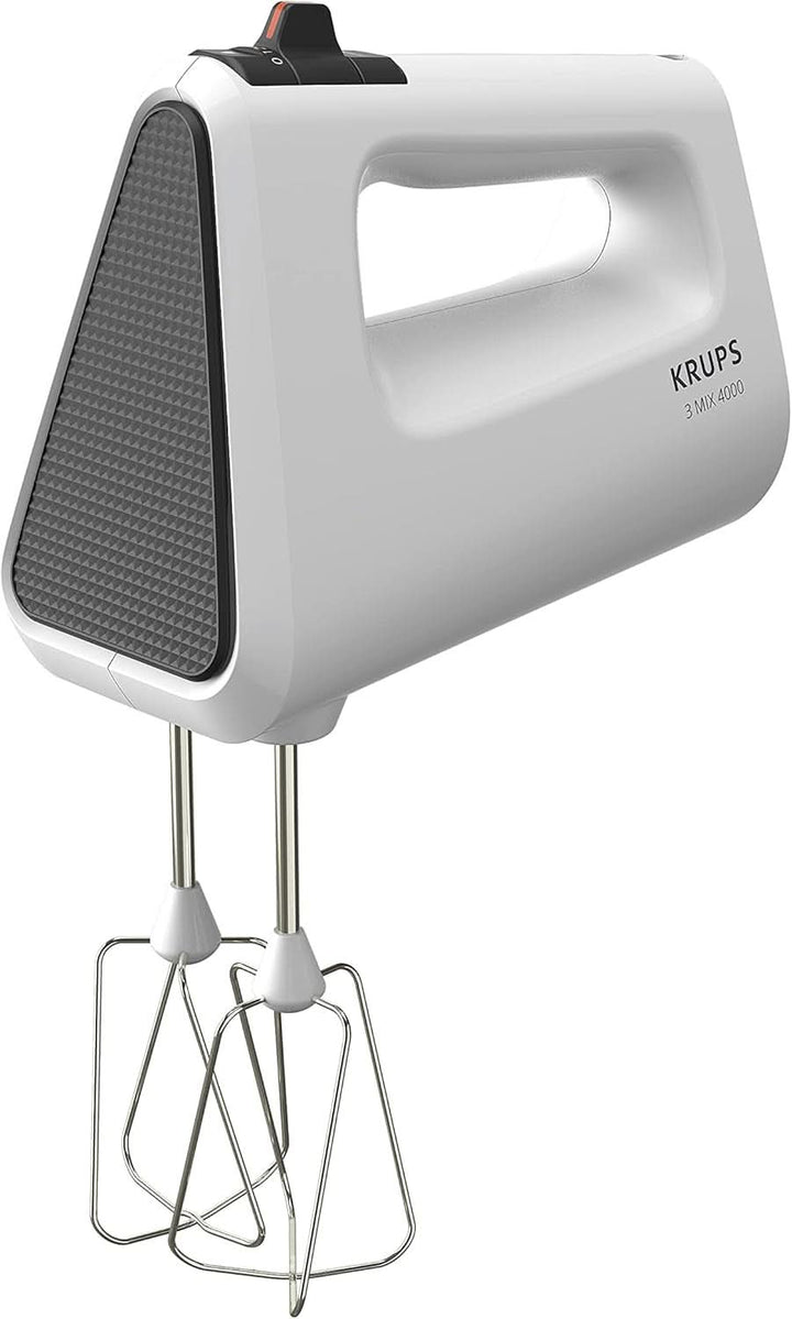 Krups GN4001 3 Mix 4000 Handmixer | 450 Watt | Robustes Design | Variabler Geschwindigkeitsregler | Turbo- Und Auswurf-Funktion | Inkl. 2 Rührbesen Und 2 Knethaken | Weiß/Grau