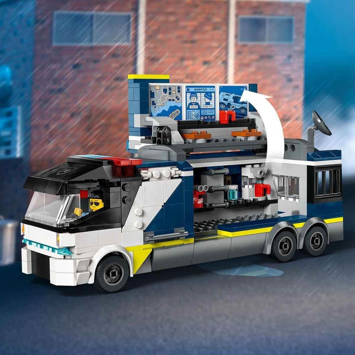 Camion de poliție LEGO City cu laborator, set de poliție cu quad și camion de jucărie pentru copii, cadou pentru băieți și fete de la 7 ani, plus 5 minifigurine - 2 polițiști, 1 om de știință și 2 escroci 60418