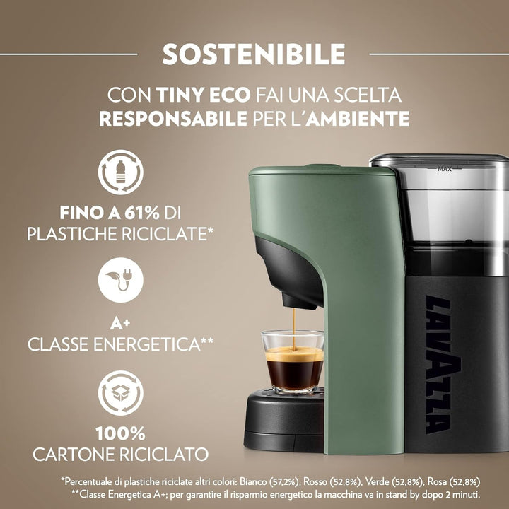 Lavazza, un aparat de cafea Modo Mio Tiny Eco Green cu 64 de capsule asortate, espressor fabricat din plastic reciclat, 1450 W, 220-240 V, 50/60 Hz, 0,6 litri