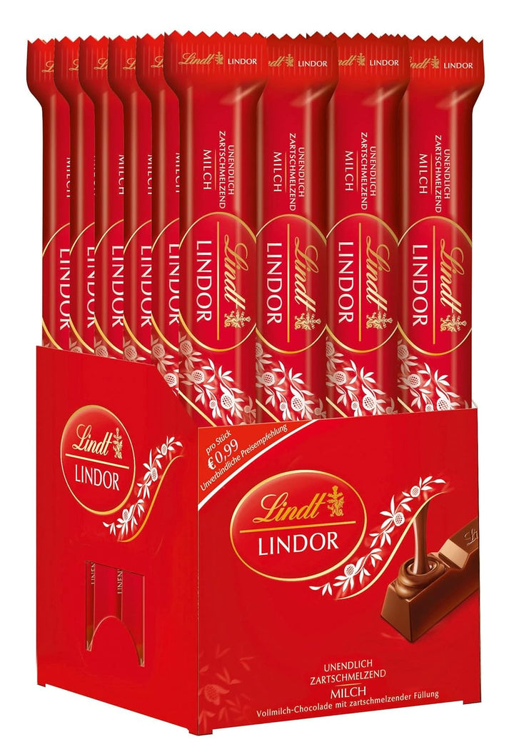 Lindt Schokolade LINDOR Vollmilch Schokoladen-Sticks | 24 X 38 G Schokoladenriegel | Mit Zartschmelzender Vollmilch-Schokoladenfüllung | Pralinen-Geschenk | Schokoladen-Geschenk | Großpackung