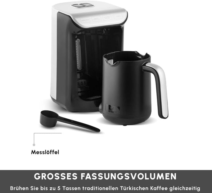 Cafetieră turcească Karaca HatÄ±r Köz, capacitate 300 ml, prepară 5 cești de cafea turcească, oprire automată și control al temperaturii, aromă autentică de cărbune, 535 W, alb