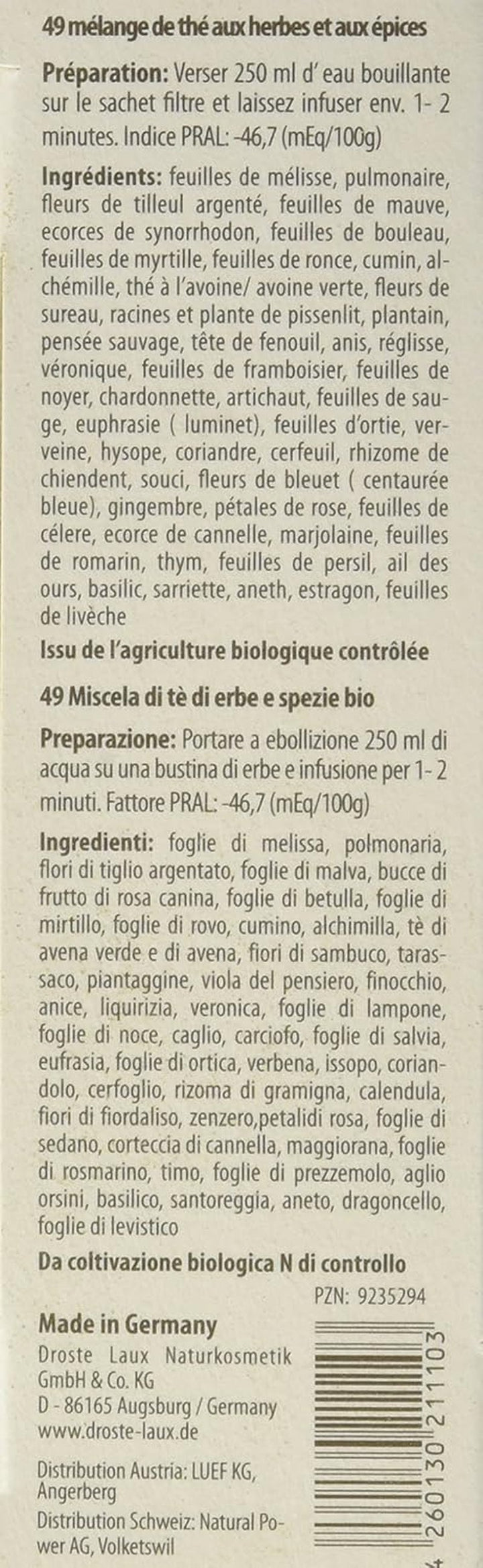 Ceai de bază Droste-Laux cu 49 de plante, 25 bucăți (ceai din plante, pliculețe filtru, ceai pentru post sau dietă) 120501