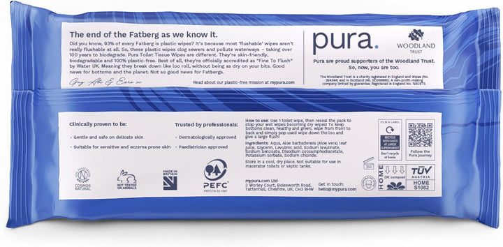 Șervețele umede Eco Flushable, 1 pachet (40 de șervețele), 100% fără plastic, 99% apă, șervețele umede sensibile și hrănitoare, certificate "Fine to Flush" Biodegradabile, Vegan (pachet cu 3)
