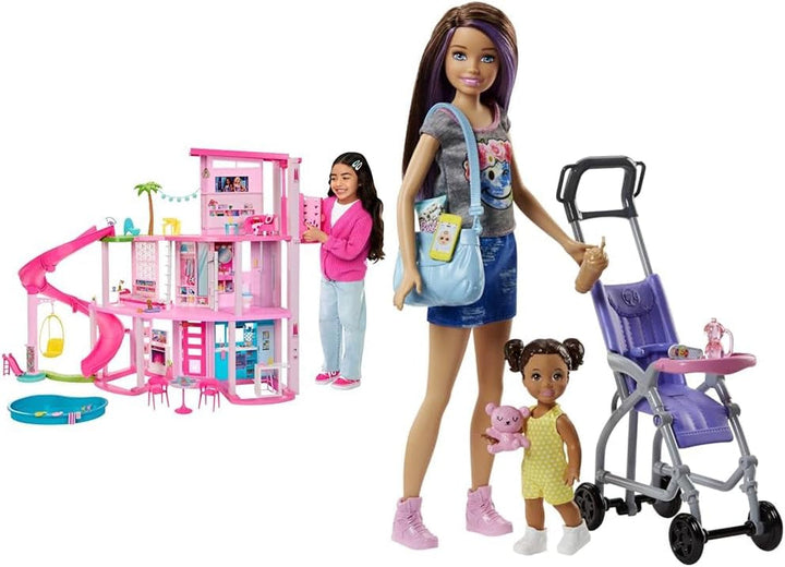 Barbie Dream Villa, casă Barbie cu 3 etaje cu 10 zone de joacă, inclusiv piscină, tobogan, lift, 75 de accesorii pentru păpuși, cățeluș de jucărie, jucărie pentru copii cu vârsta de peste 3 ani, HMX10