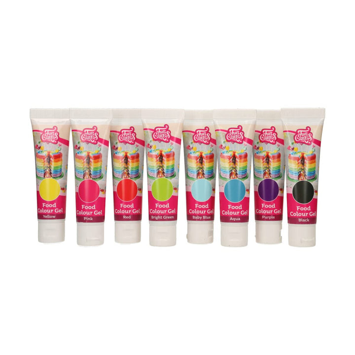 Funcakes Food Color Gel Set / 8: Hochkonzentrierte Lebensmittelfarbe Für Teig, Creme, Fondant, Marzipan, Teig. 8 Farben: Gelb, Rosa, Rot, Hellgrün, Baby Blau, Aqua, Lila, Schwarz. Halal.