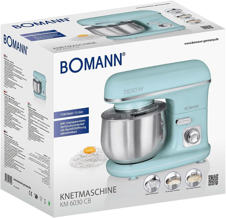 Bomann® Retro Küchenmaschine Zum Backen | Knetmaschine 5L |Starker 1100W Motor | Teigmaschine Inkl. Haken & Schneebesen | Retro Teigknetmaschine Spritzschutz Mit Nachfüllöffnung – KM 6030 CB Mint-Grün