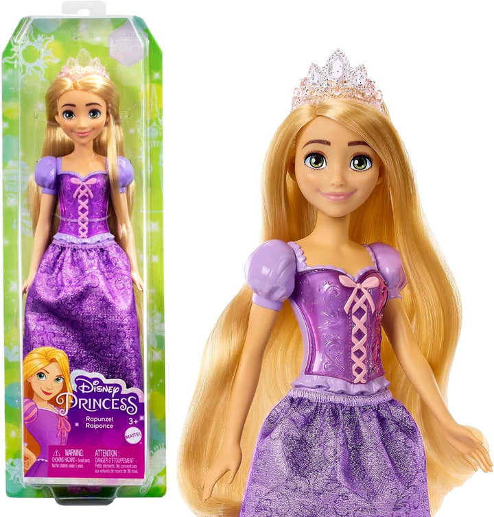 Mattel Disney Princess Rapunzel doll, Păr lung de coafat, Mobil, Pantofi și diademă detașabile, Cadouri Disney, Jucării de la 3 ani, HLW03