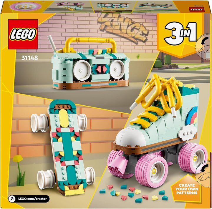 Jucărie LEGO Creator 3In1 Roller Skate pentru fete și băieți cu Mini Skateboard și Boombox, decor retro pentru dormitor, cadou de ziua de naștere pentru copii de la 8 ani 31148