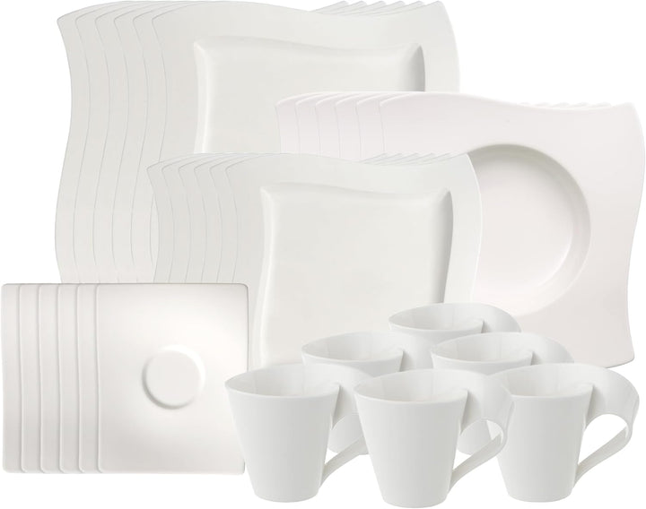 Villeroy & Boch – Newwave Basic Tafelservice 30 Teilig, Geschirr Set Für 6 Personen, Spülmaschinenfest, Geschirrset, Service, Teller, Tassen, Weiß, Keramik, Premium Porzellan