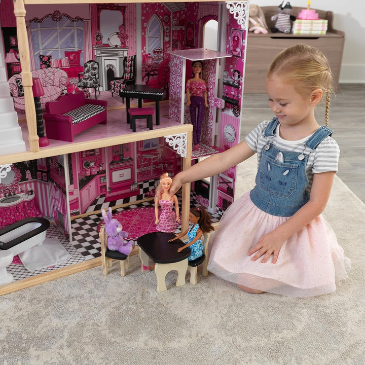 Casă de păpuși din lemn Kidkraft Amelia cu mobilier și accesorii, set de joacă cu balcon și lift pentru păpuși de 30 cm, jucărie pentru copii de la 3 ani, 65093