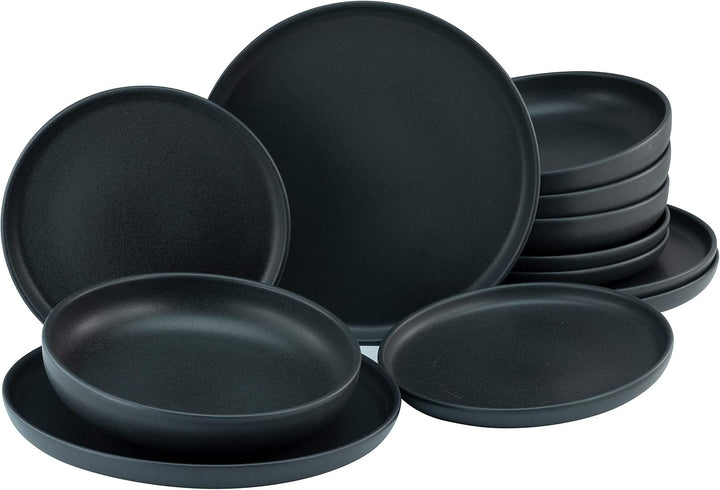 Creatable, 22979, Serie Uno BLACK, 12-Teiliges Geschirrset, Teller Set Aus Steinzeug, Spülmaschinen- Und Mikrowellengeeignet, Made in Portugal