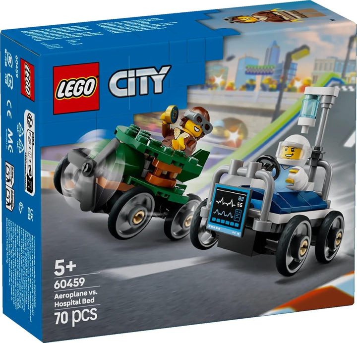 LEGO City Airplane Vs. Hospital Bed Race Car Set - Jucărie Soapbox pentru băieți și fete de la 5 ani - Set de construcție cu 2 minifigurine - Cadou aniversar și de vacanță 60459
