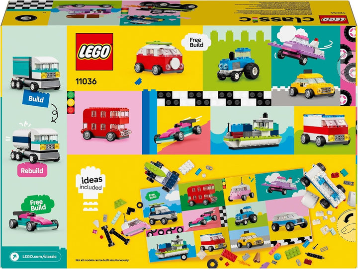 LEGO Classic Creative Vehicles, set de cărămizi de construcție pentru mașini model colorate, inclusiv camion, mașină de poliție și vehicule de construcții, mașini de jucărie construibile pentru copii, cadou pentru băieți și fete de la 5 ani 11036