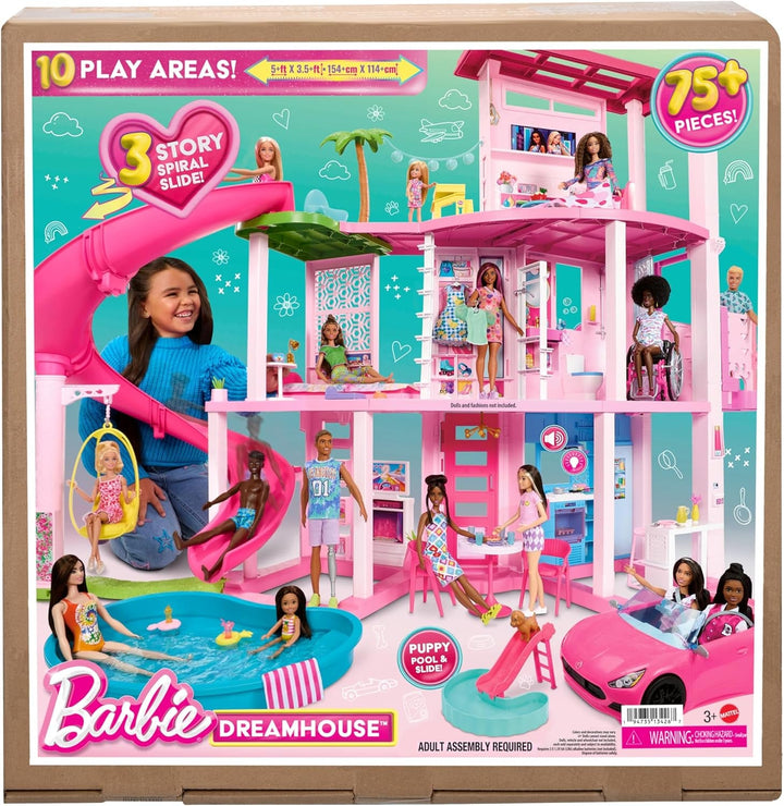 Barbie Dream Villa, casă Barbie cu 3 etaje cu 10 zone de joacă, inclusiv piscină, tobogan, lift, 75 de accesorii pentru păpuși, cățeluș de jucărie, jucărie pentru copii cu vârsta de peste 3 ani, HMX10