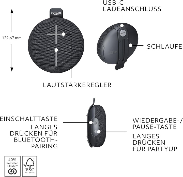 ULTIMATE EARS MINIROLL Difuzor Bluetooth ultraportabil rezistent la apă, bas puternic, IP67 rezistent la praf, rază de acțiune de 40 M - negru delicat
