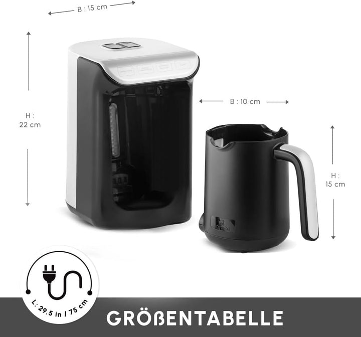 Cafetieră turcească Karaca HatÄ±r Köz, capacitate 300 ml, prepară 5 cești de cafea turcească, oprire automată și control al temperaturii, aromă autentică de cărbune, 535 W, alb