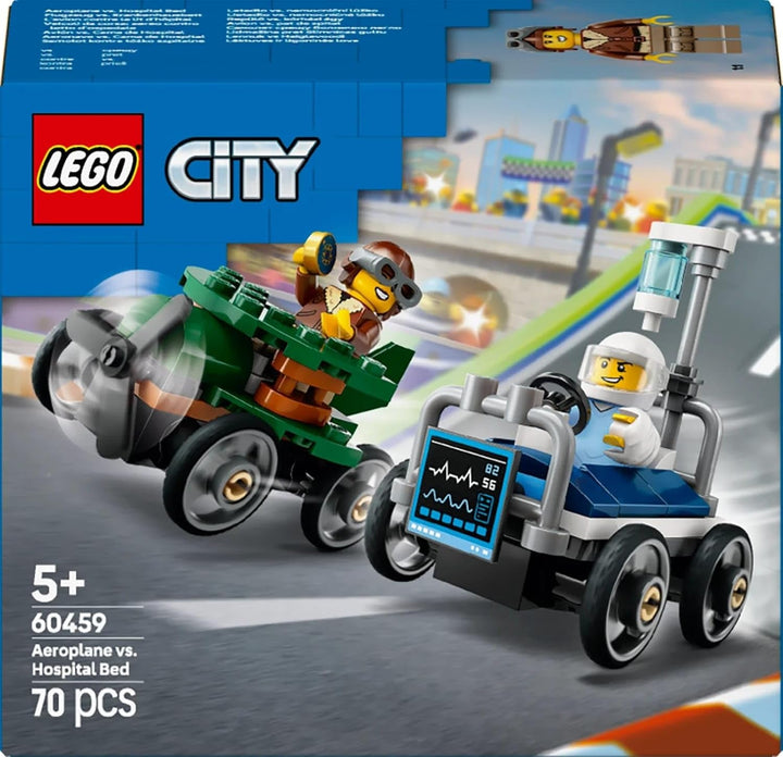 LEGO City Airplane Vs. Hospital Bed Race Car Set - Jucărie Soapbox pentru băieți și fete de la 5 ani - Set de construcție cu 2 minifigurine - Cadou aniversar și de vacanță 60459
