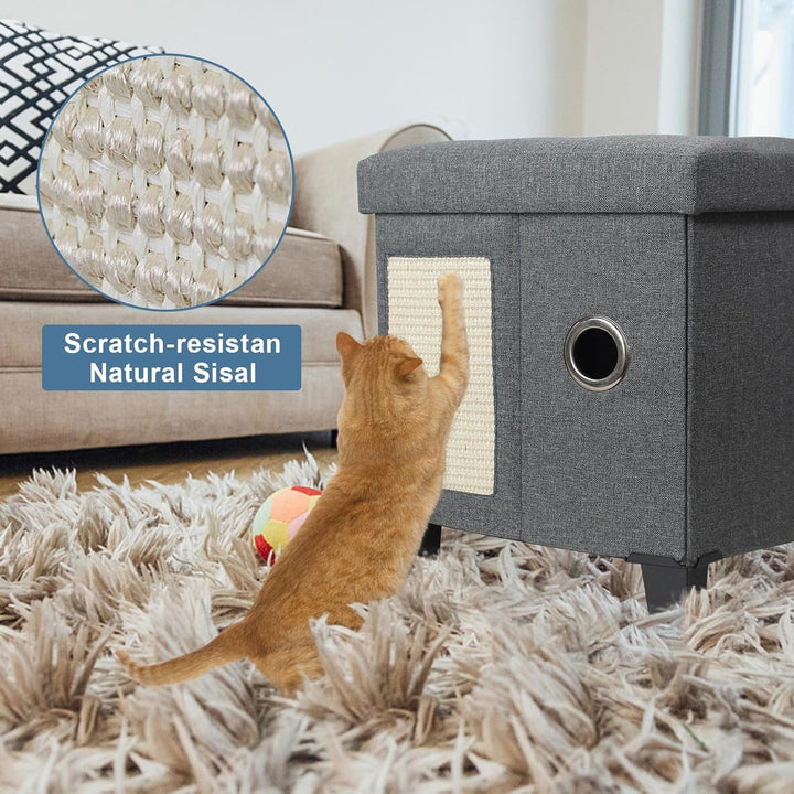 BRIAN & DANY Peșteră pentru Pisici, Căsuță pentru Pisici din In, cu Zonă de Zgâriat și Minge de Joacă, 45 x 37,5 x 38 cm, Gri Închis