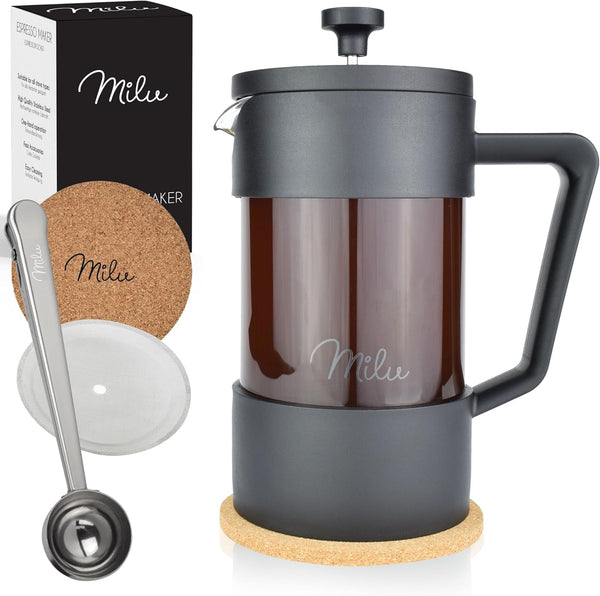 Milu French Press Coffee Maker | 350Ml, 600Ml, 1L | Presă de cafea din sticlă, filtru de cafea pentru acasă Călătorii Camping Incl. Coaster, lingură, filtru de rezervă (negru, 600Ml (3 cani)