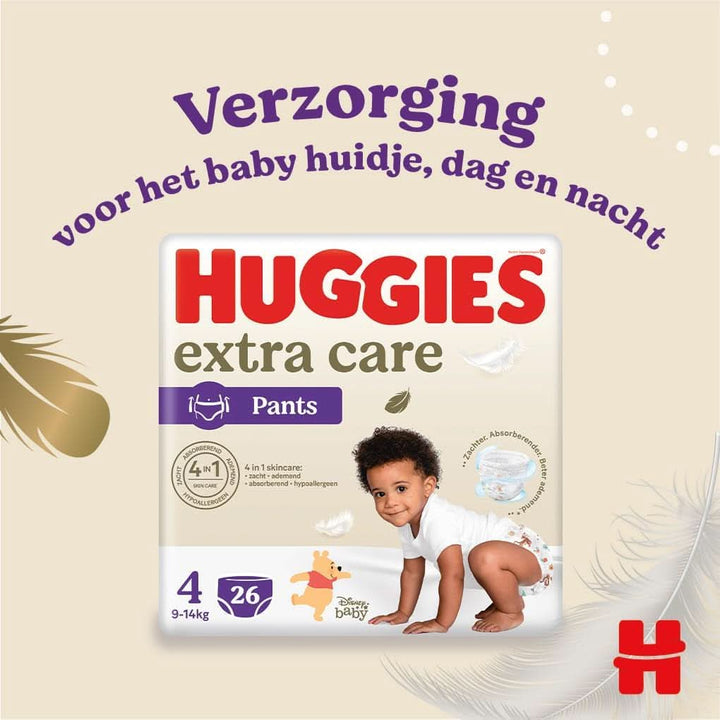 Huggies Extra Care Nappy Size 4 (9-14 Kg), 4 Packs of 26 Nappies - 4280G