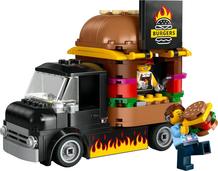 LEGO City Burger Truck, set de construcție cu mașină de jucărie pentru copii de 5 ani, minifigurină Food Truck și accesorii, cadou distractiv pentru băieți și fete 60404