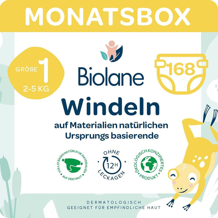 Biolane Windel Größe 1 Ökologisch - Biolane - Größe 1 (2-5 Kg) - Für Empfindliche Haut - Besonders Absorbierend, Keine Undichtigkeiten, 12 Stunden Trocken - Ein-Monats-Packung 168 Windeln