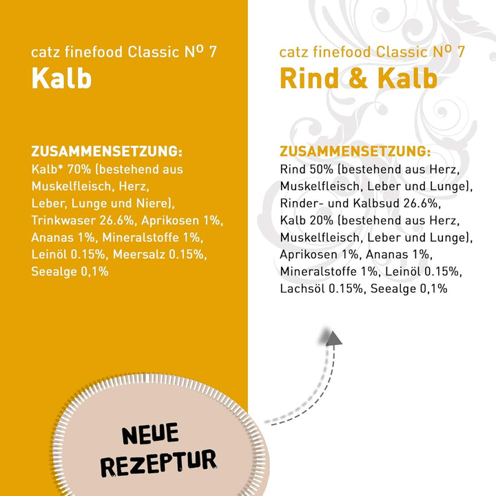 Catz Finefood N° 7 Carne de vită și vițel Delicatessen Hrană umedă pentru pisici, rafinată cu caise și ananas, pungă 16 X 85G