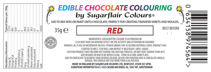 Sugarflair Red Chocolate Colouring - Farbige Kakaobutter Zum Färben Von Schokolade Oder Zum Direkten Malen Auf Schokolade, Transferblätter Oder Formen - 35G