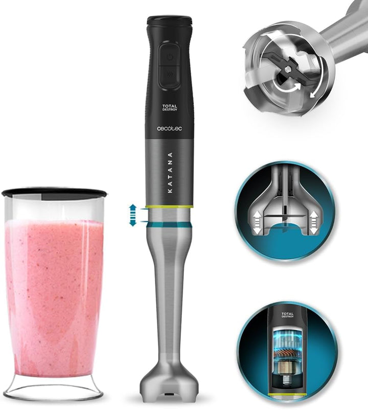 Cecotec Handmixer Katana 15 Totaldestroy Smash B. 1500 W, Total Destroy, Perreomove, 21 Geschwindigkeiten, Turbo-Funktion, Spritzschutzhaube, 8 Titan-Klingen, 800Ml Becher