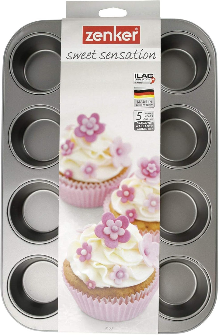 Zenker Muffinform 12Er Backblech (Ø 7 Cm), Für Saftige Muffins & Cupcakes, Muffinblech, Eckig & Antihaft-Beschichtet, Maße: 38,5 X 26,5 X 3 Cm, Grau