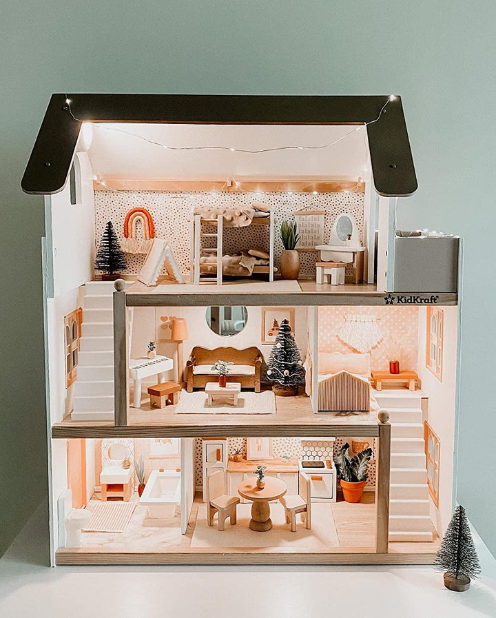 Kidkraft Dollhouse Chelsea din lemn cu mobilier și accesorii pentru mini păpuși, set de joacă pentru mini păpuși, jucărie pentru copii de la 3 ani, 65054, exclusiv la Amazon