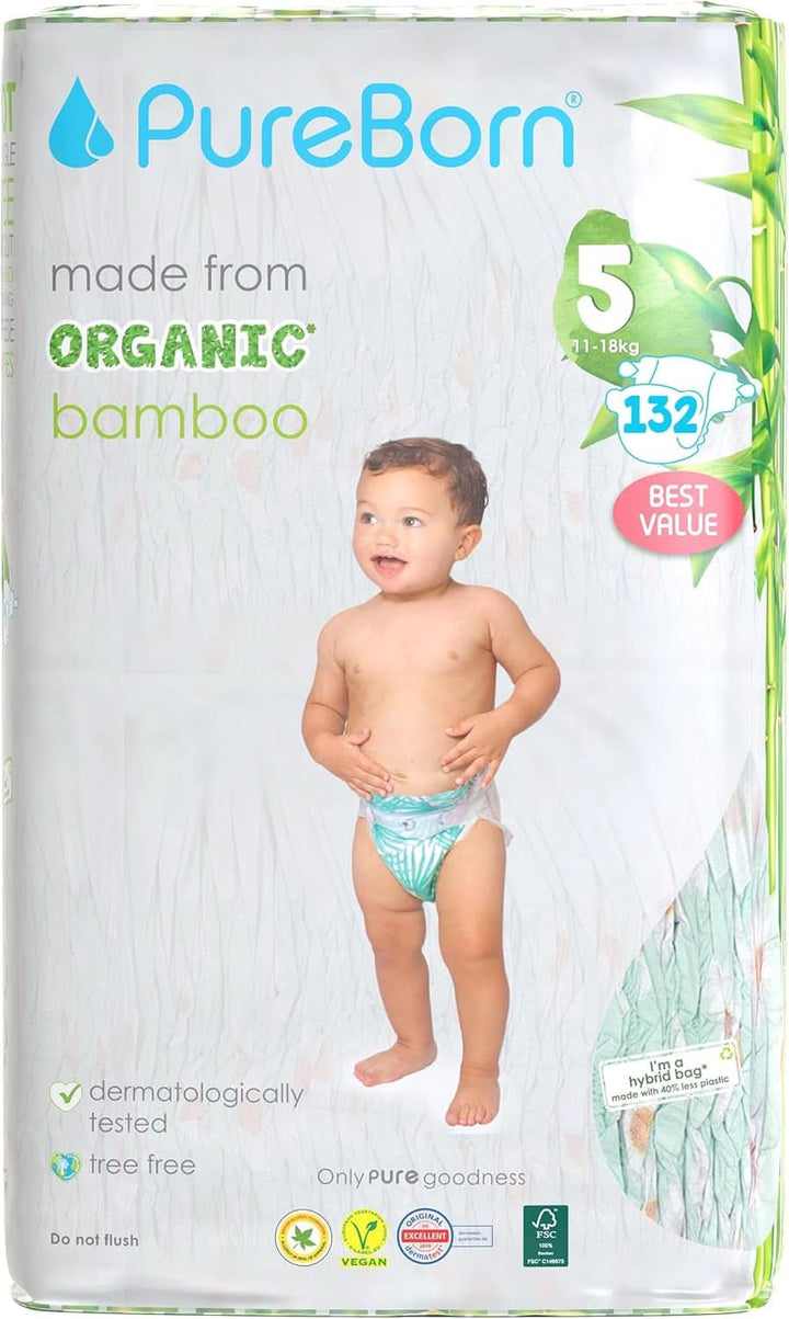 Pureborn Eco Bio-Bambus Windeln, Größe 5 (11-18 Kg), 176 Stück (2 X 88), Umweltfreundlich, Hypoallergen, Ultraweich, Mit Nässeindikator, Diverser Aufdruck