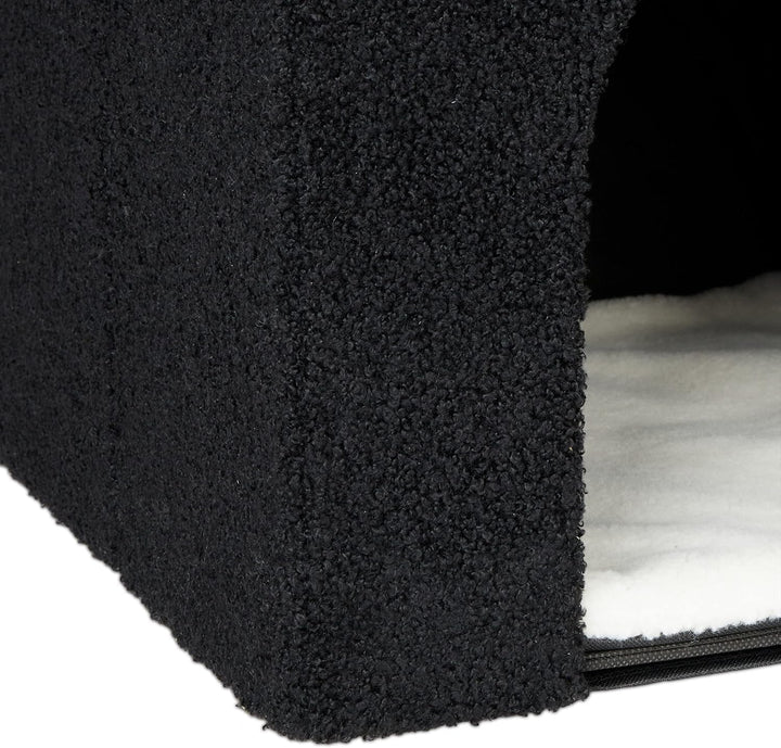 Peșteră pentru pisici Relaxdays, ÎxLxA: 76 x 40 x 40 cm, Căsuță pliabilă pentru pisici cu 3 niveluri, Ascunziș pentru pisici cu scândură, Negru