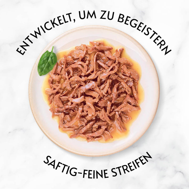 Gourmet Gold Juicy Fine Strips, hrană umedă pentru pisici, cu pui, 12Pack (12 X 85G)