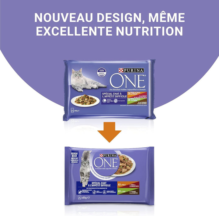 Purina One - Hrană specială în sos carne de vită/pui/canard și curcan pentru pisici cu apetit, 340 G