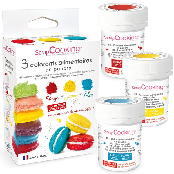 Scrapcooking - Set de 3 coloranți alimentari pudră - Roșu Galben Albastru - Coloranți alimentari pentru copt, prăjituri, fursecuri, prăjituri, aluat, fondant, tort curcubeu - 4011