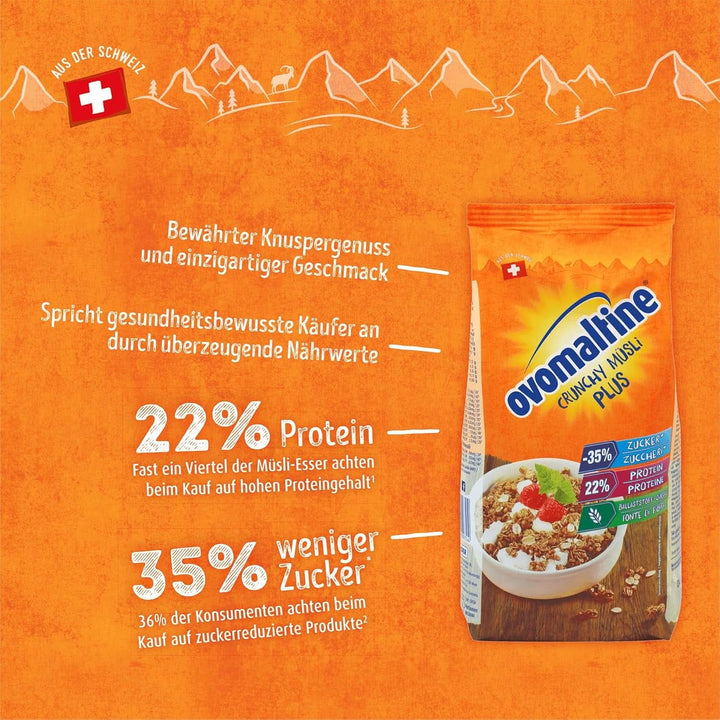 Ovomaltine Crunchy Protein Muesli plus - Crunchy cu fulgi de ovăz - Mix de cereale cu 22% proteine, 300 grame