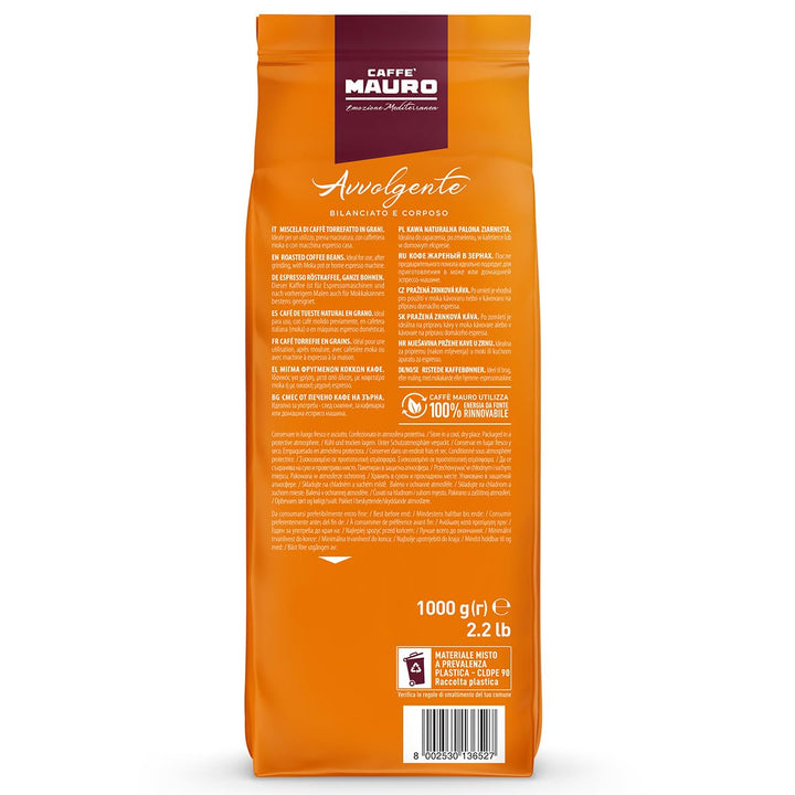 Caffè Mauro – Kaffeebohnen – 1 Kg – Avvolgente Mischung – Mittlere Röstung – Intensität 8/10 – Hergestellt in Italien – 1Kg Packung