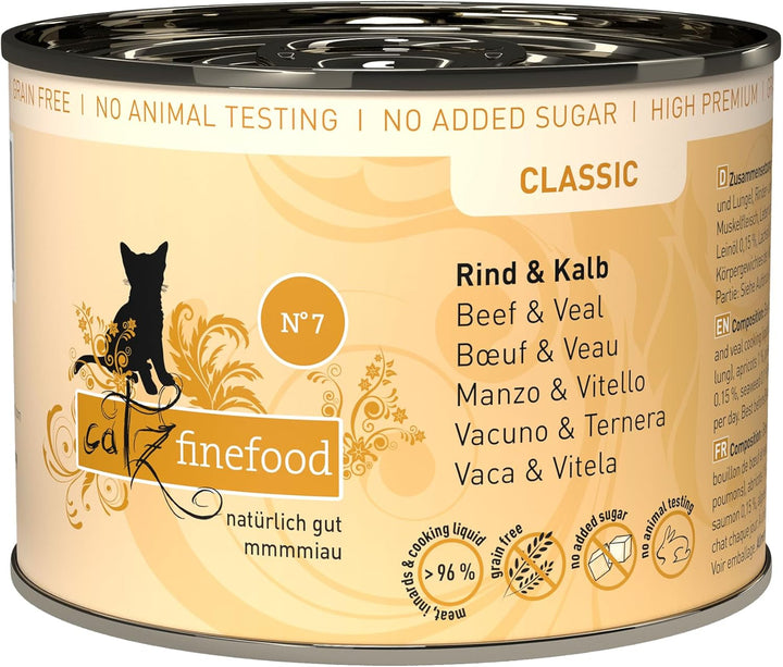 Catz Finefood N° 7 Carne de vită și vițel Delicatessen Hrană umedă pentru pisici, rafinată cu caise și ananas, pungă 16 X 85G