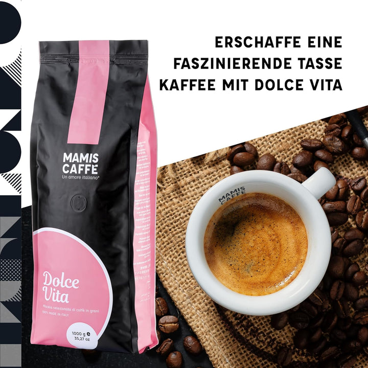 Mamis Caffè Dolce Vita (1 Kg) - Ganze Espressobohnen Mittel Gerösteter Kaffee Mit Leichter Süße - Italienischer Espresso Mit Dicker Crema - Perfekt Als Cappuccino Oder Latte Macchiato