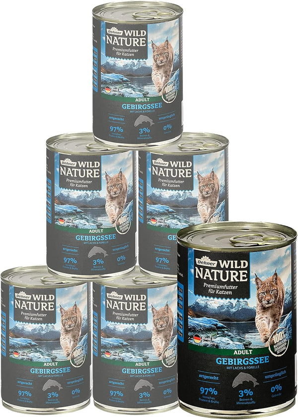 Dehner Wild Nature hrană pentru pisici Gebirgssee, hrană umedă fără cereale, pentru pisici adulte, somon / păstrăv, cutie 6 X 400 G (2,4 kg)