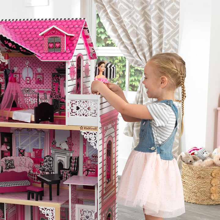 Casă de păpuși din lemn Kidkraft Amelia cu mobilier și accesorii, set de joacă cu balcon și lift pentru păpuși de 30 cm, jucărie pentru copii de la 3 ani, 65093