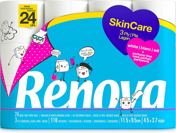 Hârtie igienică Renova Skincare, 3 straturi, albă, 24 role