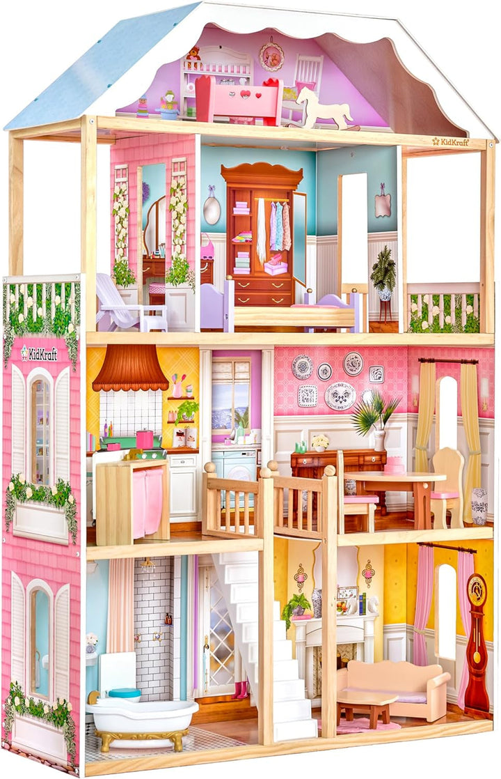 Casă de păpuși din lemn Kidkraft Charlotte cu mobilier și accesorii, casă de păpuși în stil clasic pentru păpuși de 30 cm, jucărie pentru copii de la 3 ani, 65956